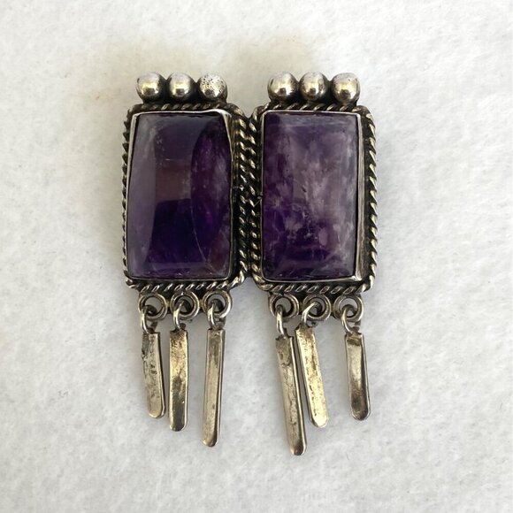 VTG Sterling Silver 925 Mexico Bezel Set Loaf Faceted Double Amethyst Brooch - Picture 4 of 16